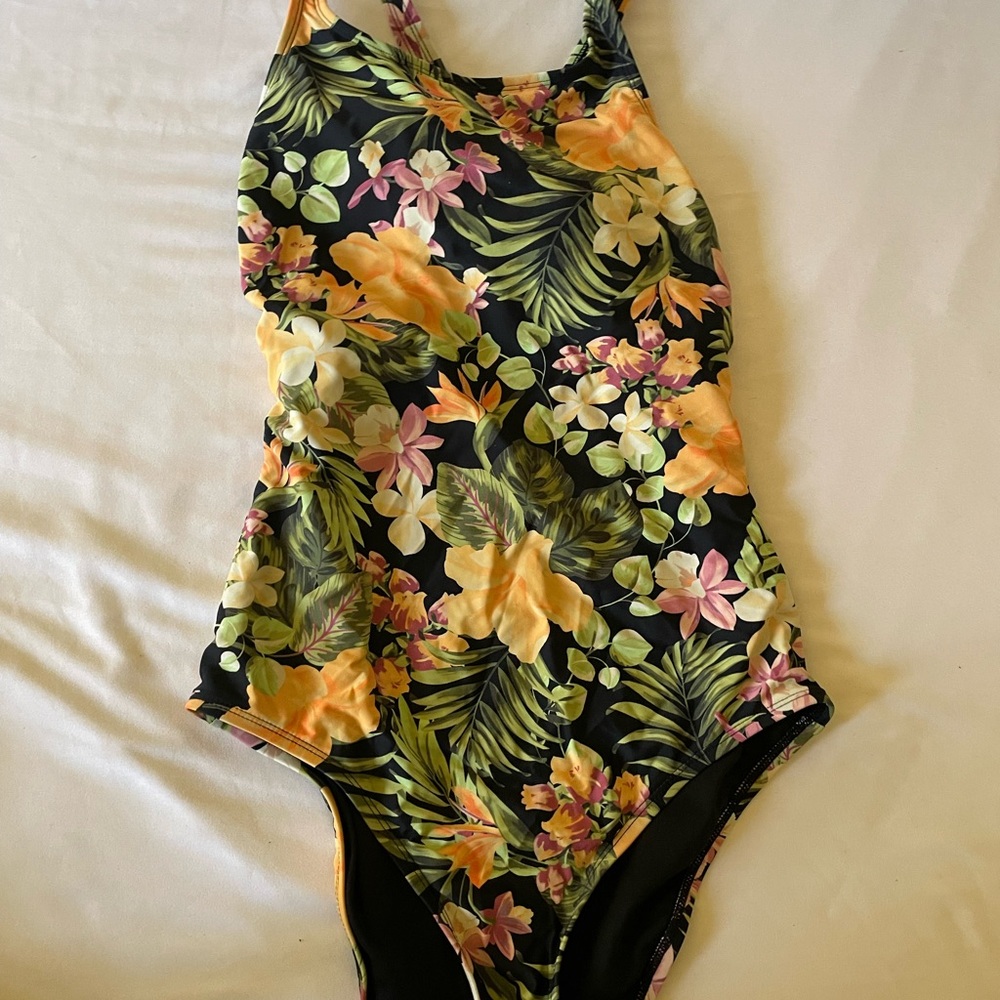 Hurley Orange and Yellow One Piece Swimsuit Tropical Floral